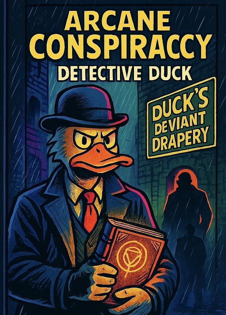 Noir cover for Detective Duck: The Ledger showing Duck holding a glowing book while a shadowed figure looms behind him.