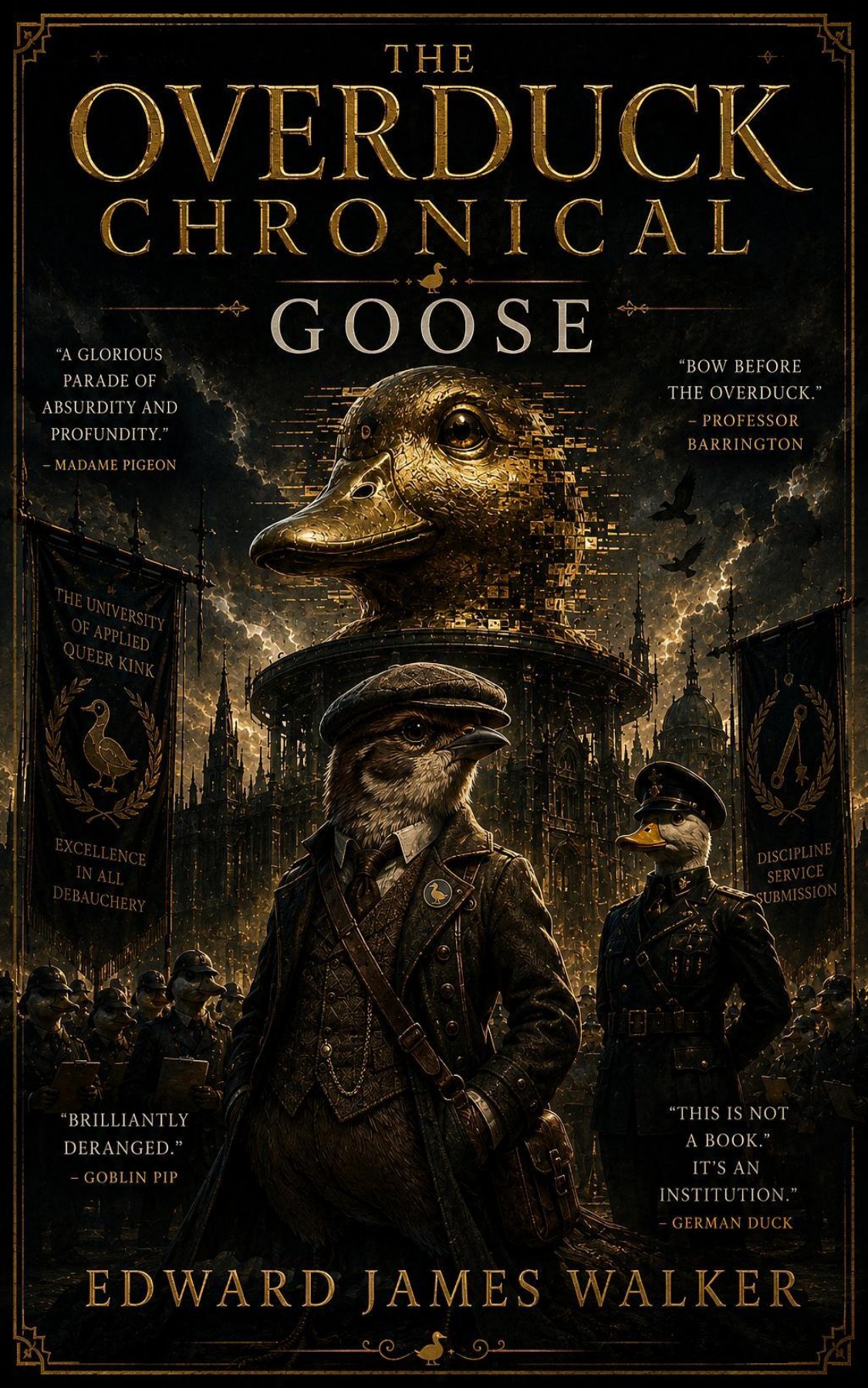 Dark illustrated cover for The Overduck Chronicle: Goose, featuring Goose beneath the Overduck at the University of Applied Queer Kink.
