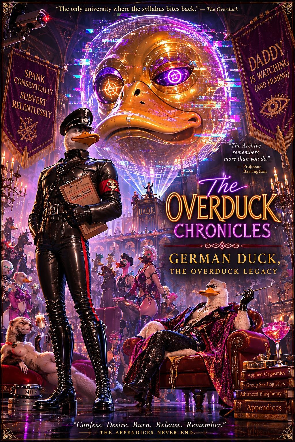 Illustrated cover for The Overduck Chronicles featuring German Duck, the Overduck and the University company.